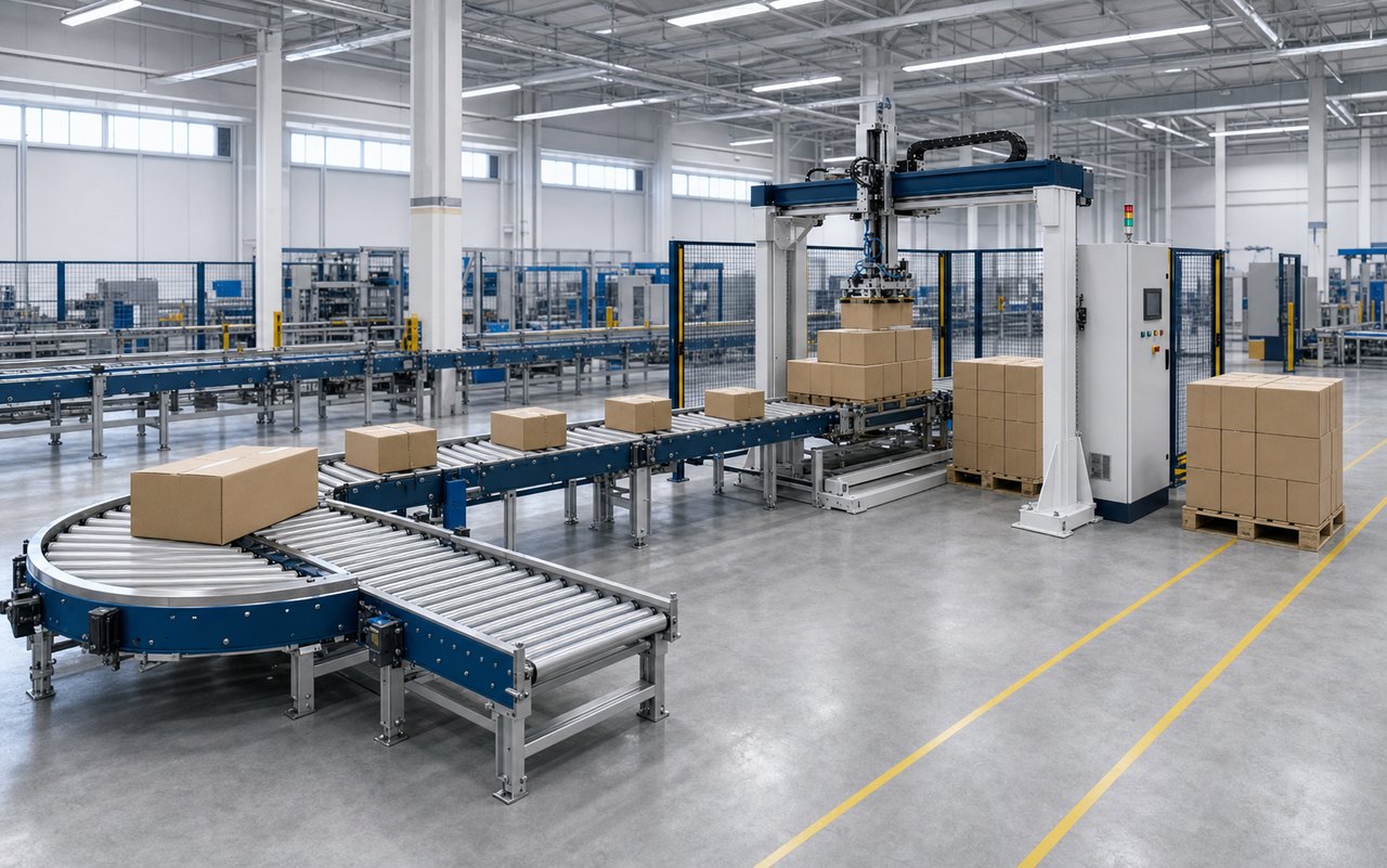 Column palletizer conveyor connection